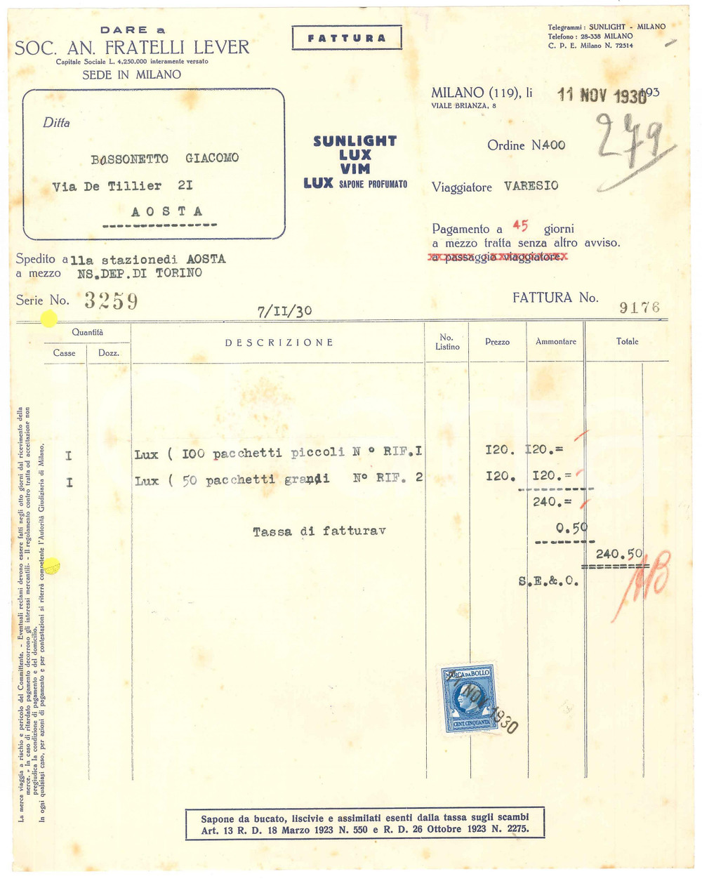 1930 MILANO Viale Brianza 8 - Soc. An. Fratelli LEVER - Fattura per sapone LUX