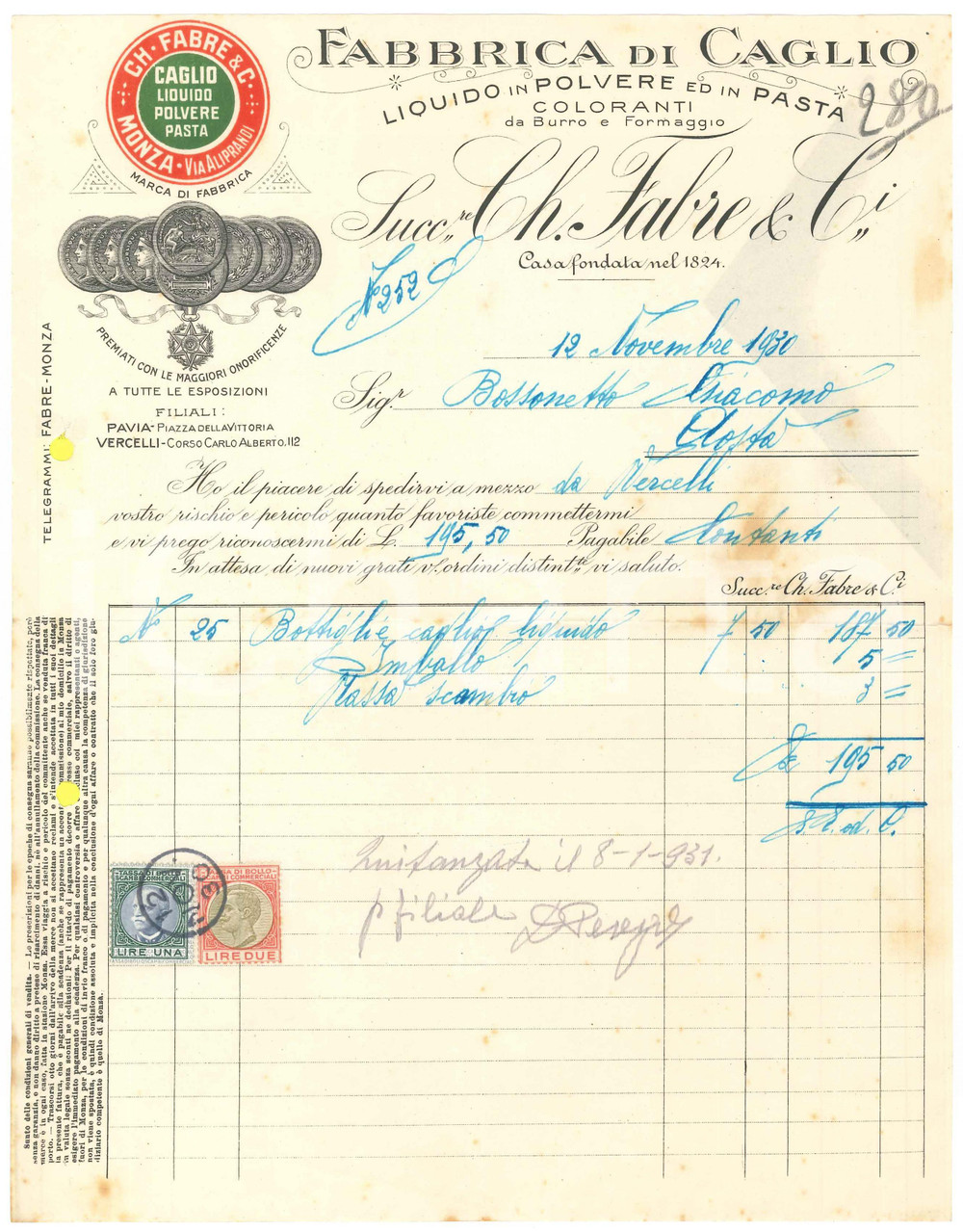 1930 MONZA - CH. FABRE & C. Fabbrica di caglio Liquido Polvere Pasta *Fattura