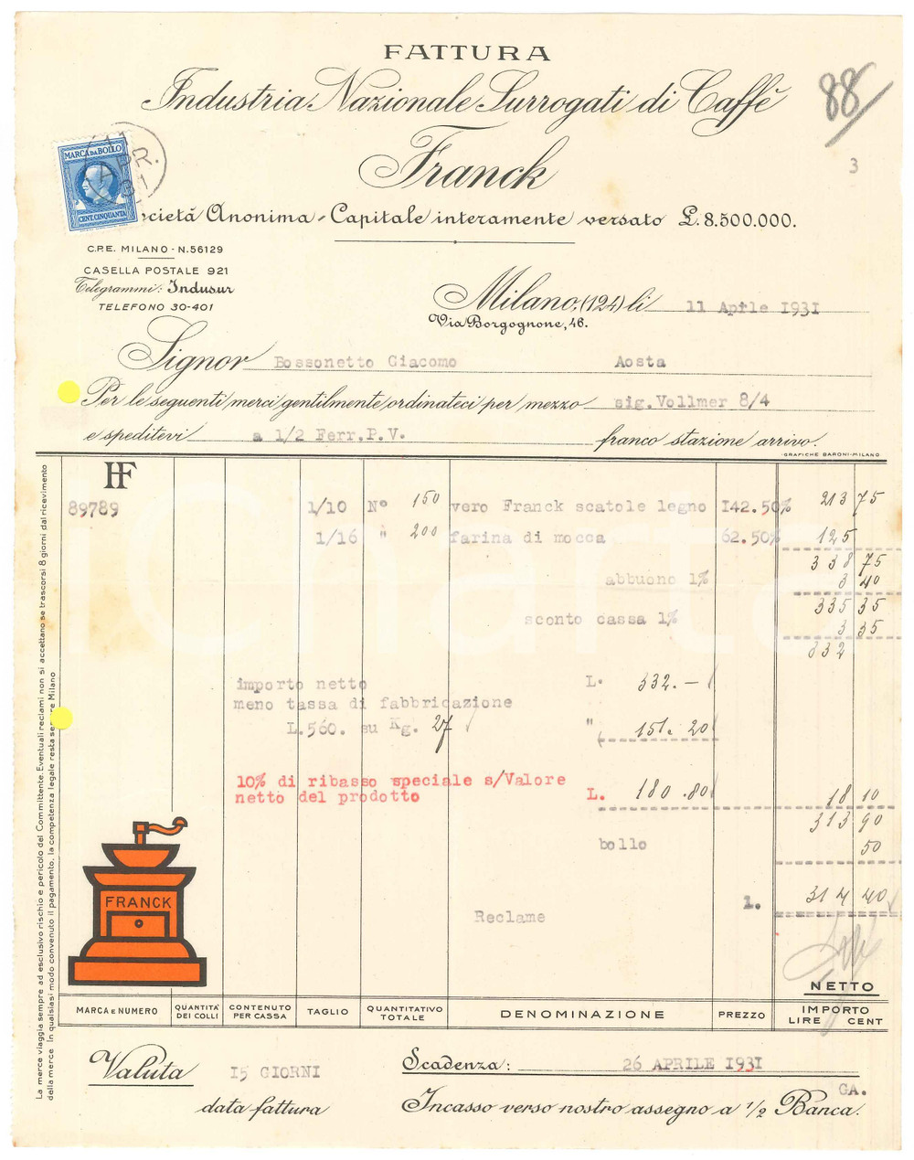 1931 MILANO Via Borgognone 46 - FRANCK Industria Surrogati di Caffè - Fattura