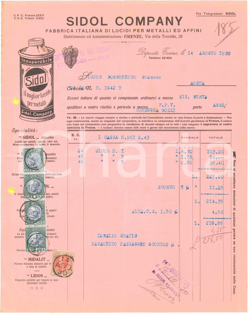 1930 FIRENZE Via della Torretta 18 SIDOL Company Lucidi per metalli *Fattura (2)