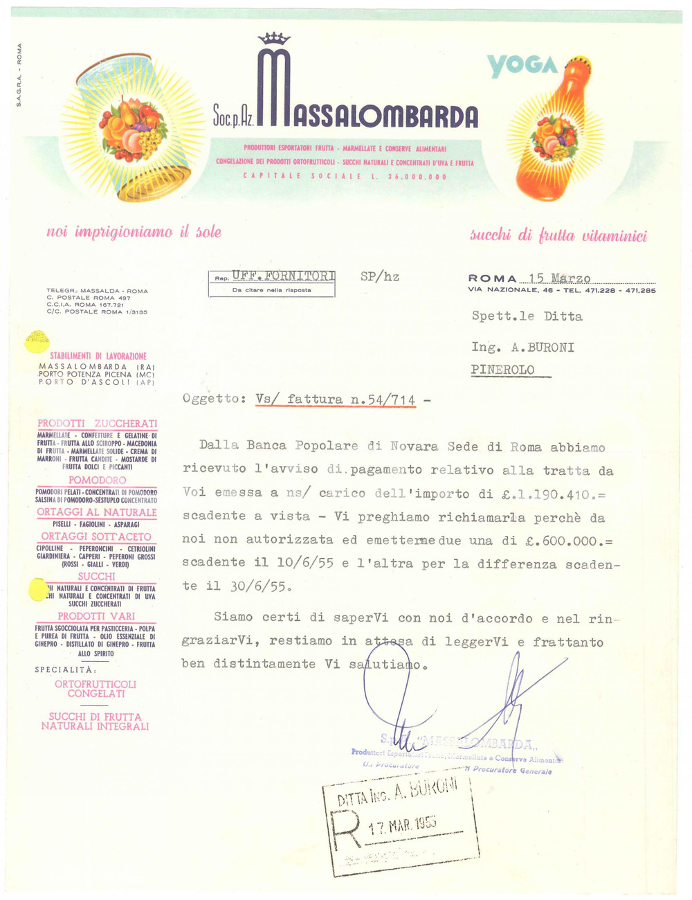 1955 ROMA Via Nazionale 46 - MASSALOMBARDA s.p.a YOGA Succhi di frutta - Lettera