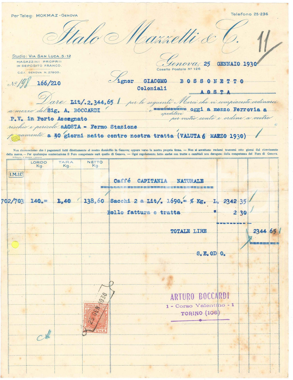 1930 GENOVA Via San Luca 5-12 - Italo MAZZETTI & C. - Fattura per caffè (1)