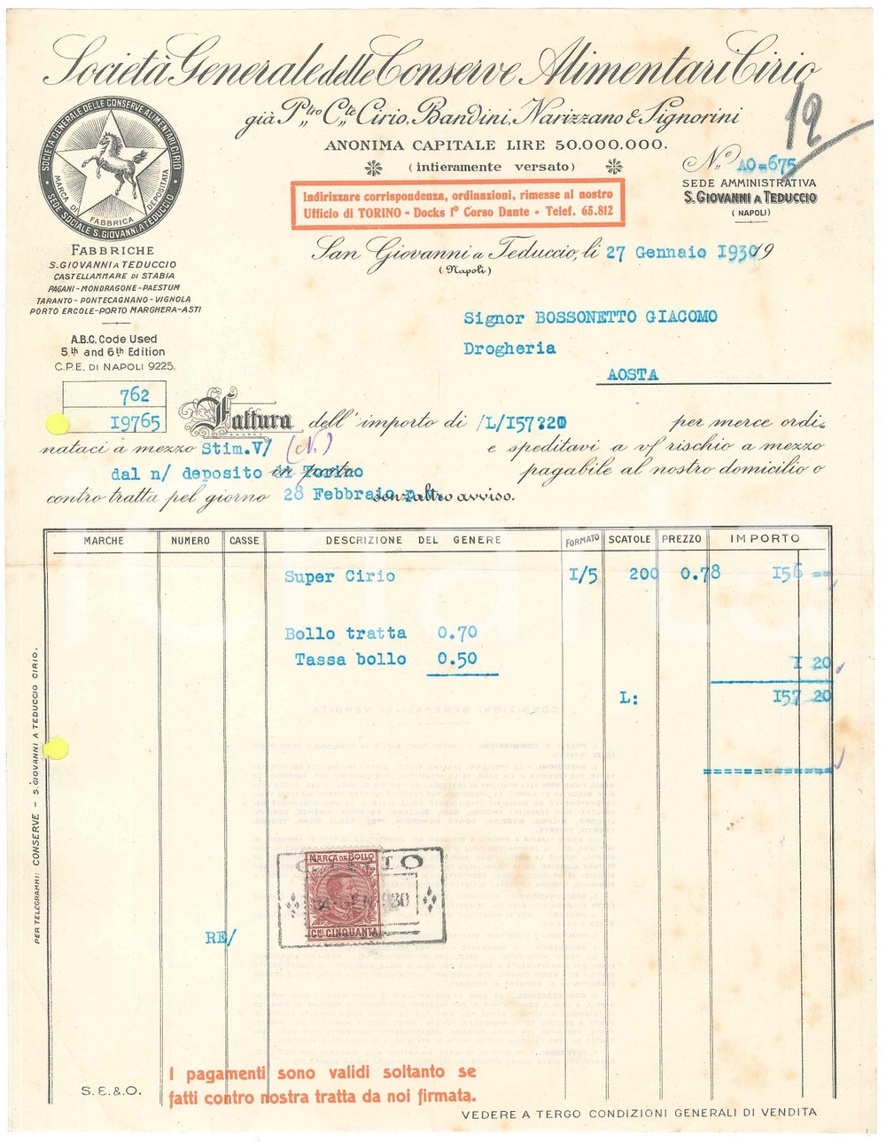 1930 SAN GIOVANNI A TEDUCCIO (NA) - CIRIO Conserve alimentari - Fattura (1)