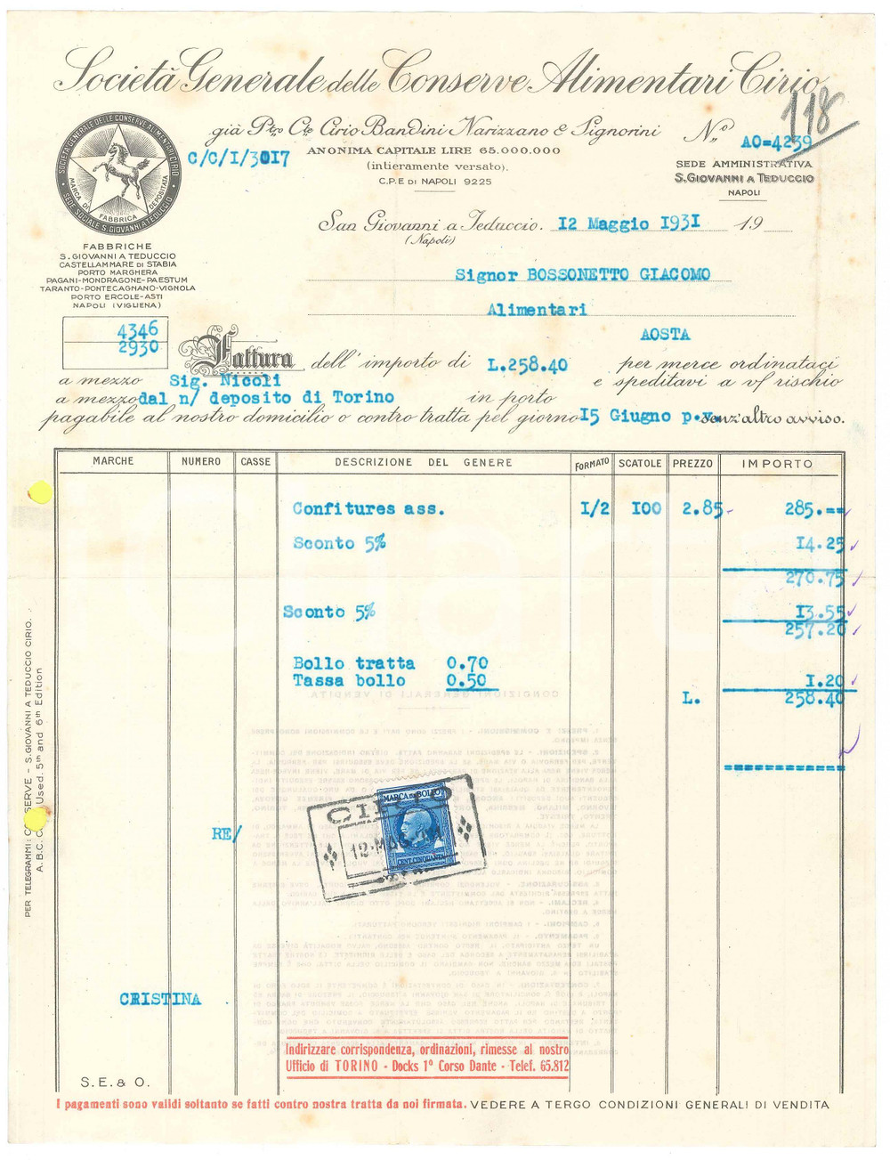 1931 SAN GIOVANNI A TEDUCCIO (NA) CIRIO Conserve alimentari - Fattura confitures