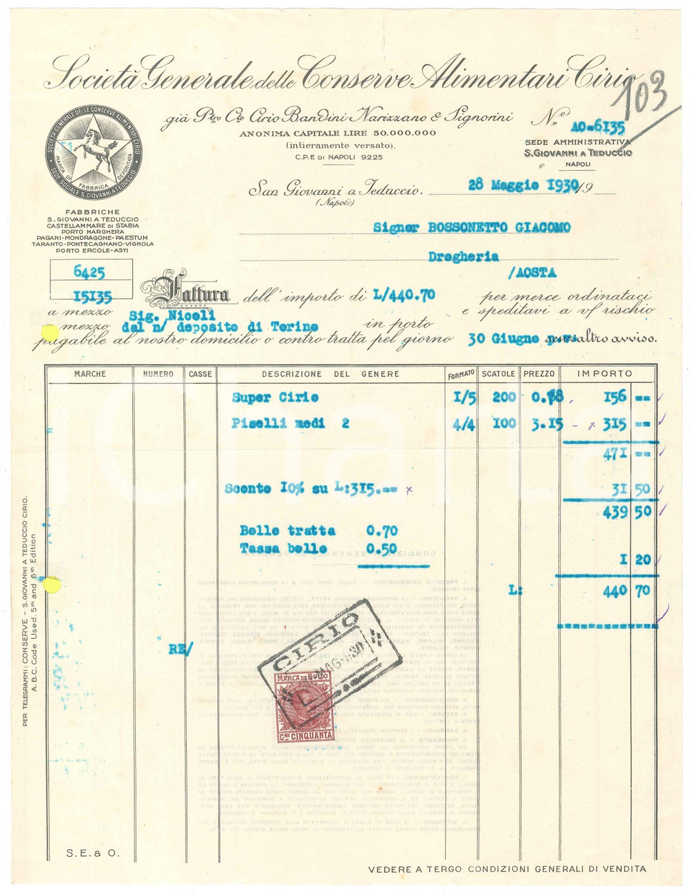 1930 SAN GIOVANNI A TEDUCCIO (NA) - CIRIO Conserve alimentari - Fattura (2)