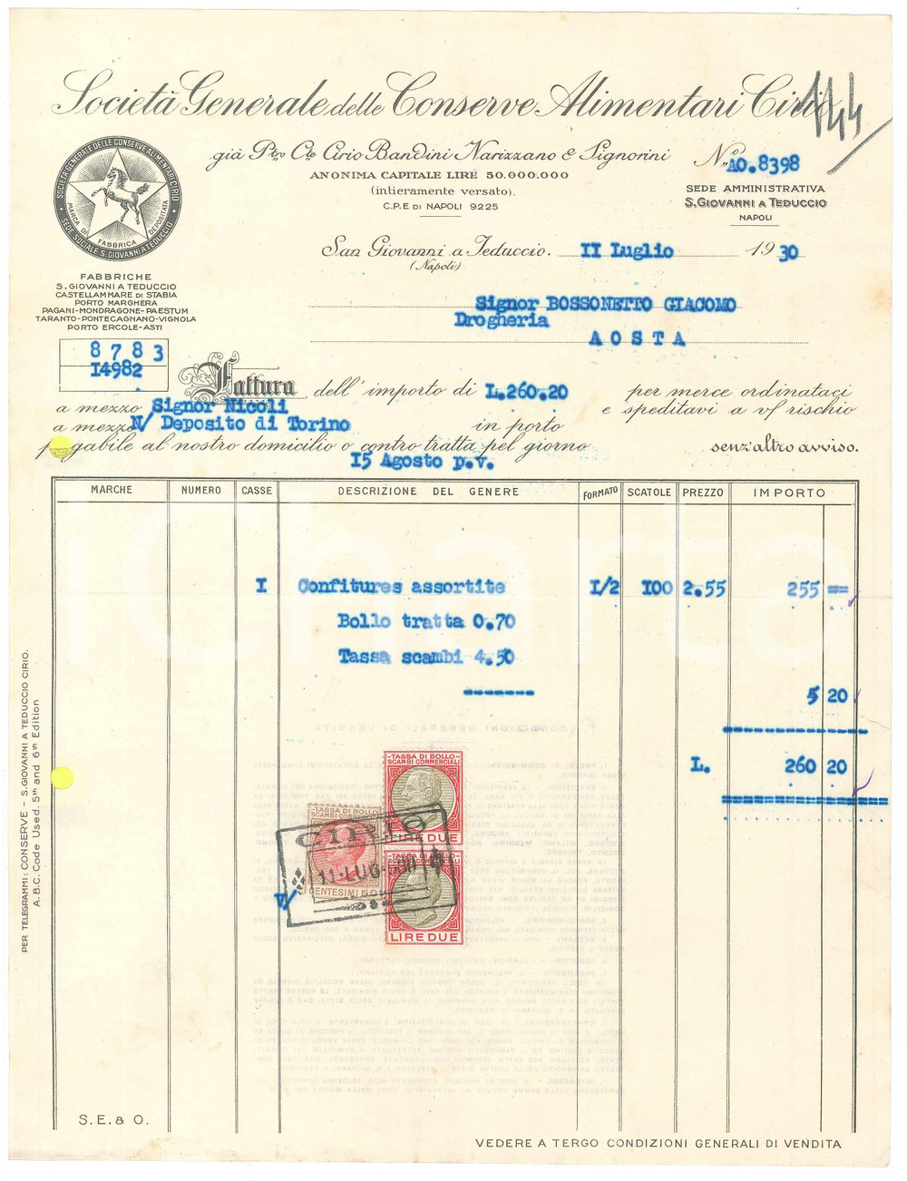 1930 SAN GIOVANNI A TEDUCCIO (NA) - CIRIO Conserve alimentari - Fattura (3)