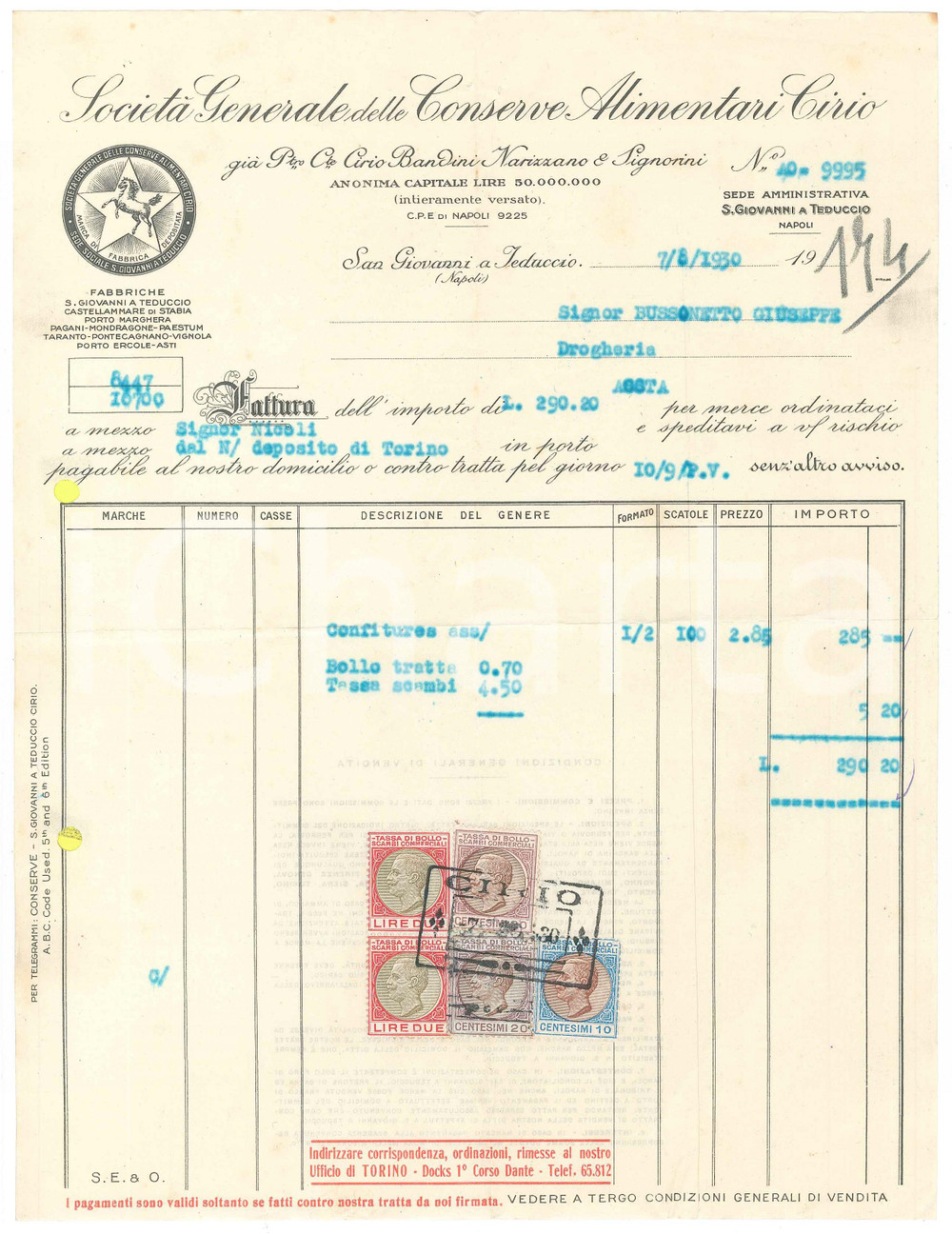 1930 SAN GIOVANNI A TEDUCCIO (NA) - CIRIO Conserve alimentari - Fattura (4)