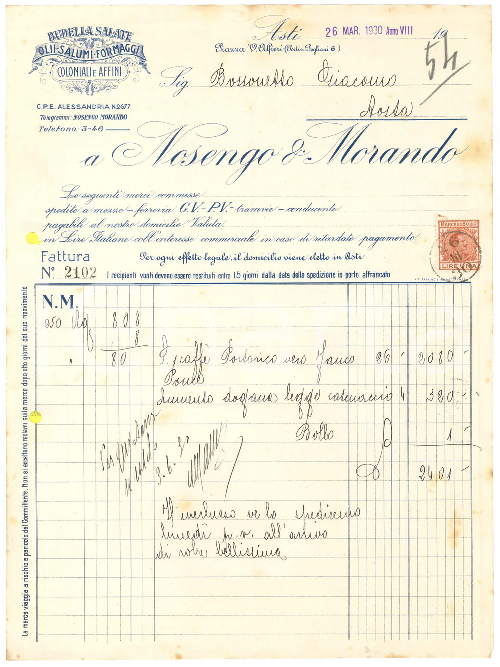 1930 ASTI - NOSENGO & MORANDO Budella salate Olii Salumi Formaggi - Fattura