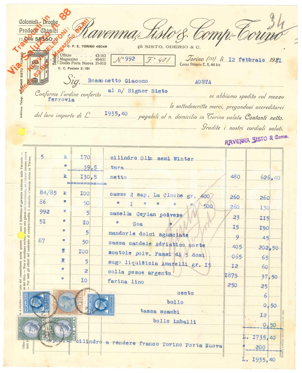 1931 TORINO C.so Vittorio Emanuele II 44 - RAVENNA SISTO & Comp. - Fattura (4)