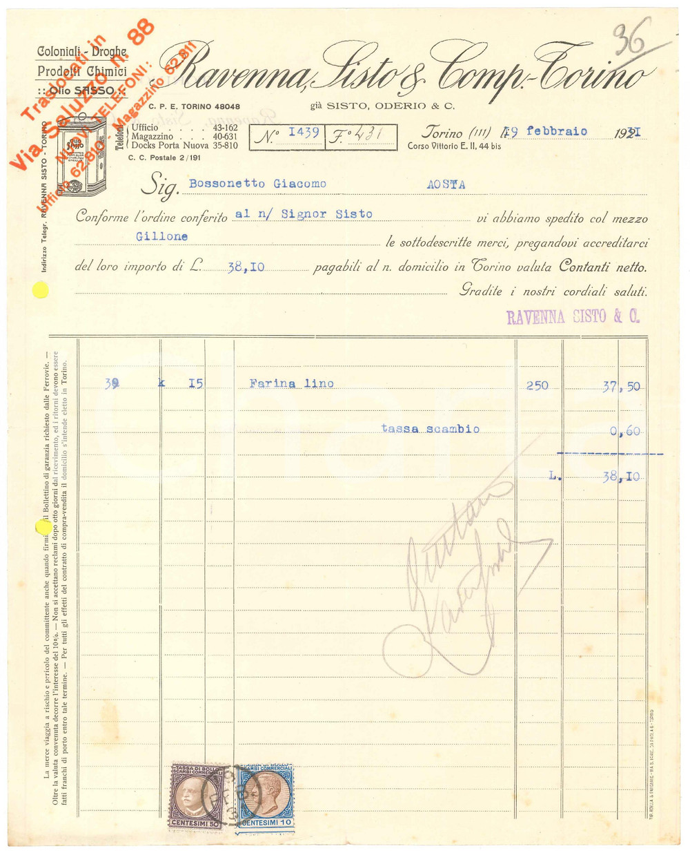 1931 TORINO C.so Vittorio Emanuele II 44 - RAVENNA SISTO & Comp. - Fattura (5)