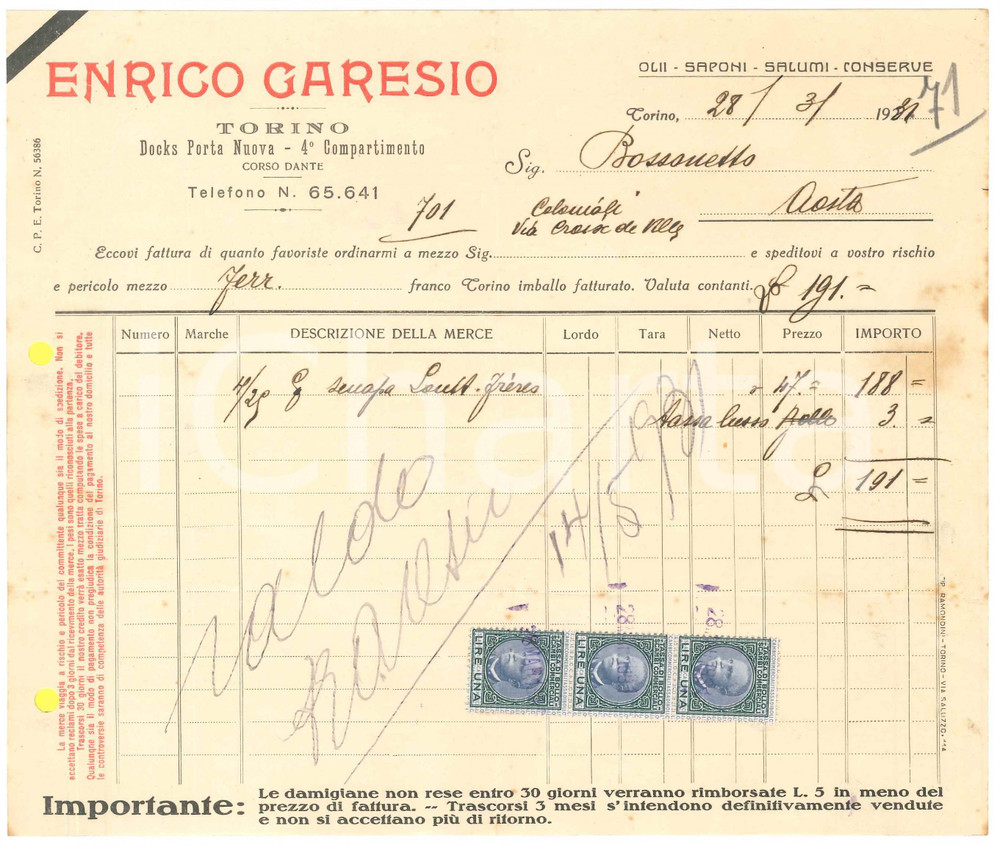 1931 TORINO Docks Porta Nuova - Enrico GARESIO - Fattura per senape LOUIT FRÈRES