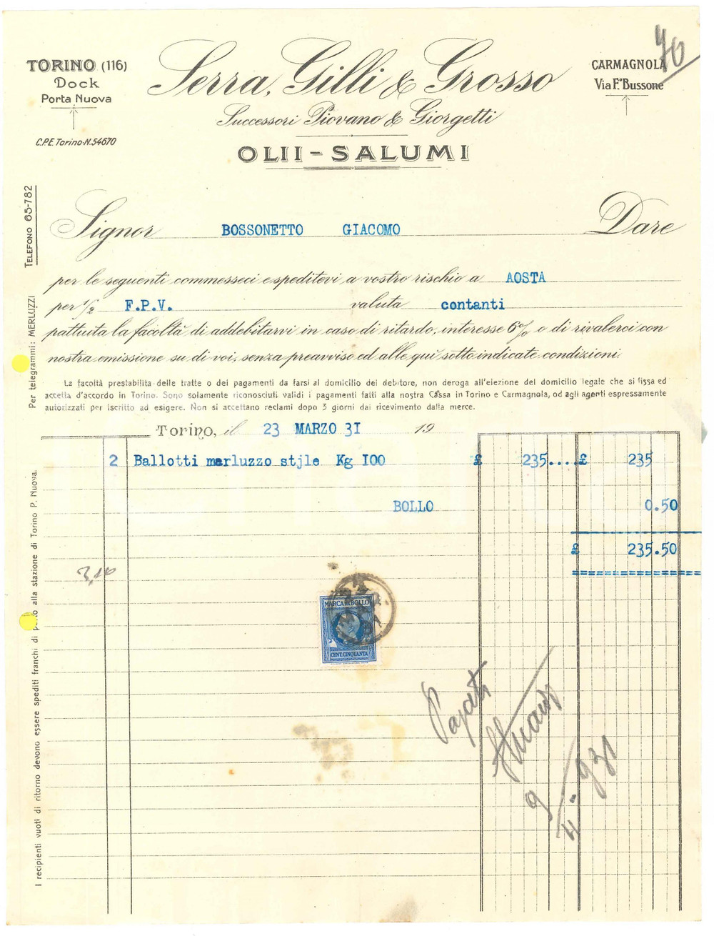 1931 TORINO Docks Porta Nuova - SERRA, GILLI & GROSSO Olii Salumi - Fattura (1)