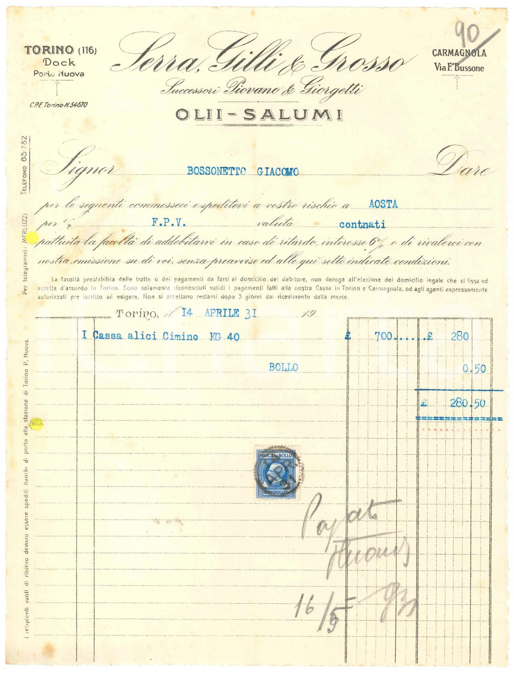 1931 TORINO Docks Porta Nuova - SERRA, GILLI & GROSSO Olii Salumi - Fattura (2)