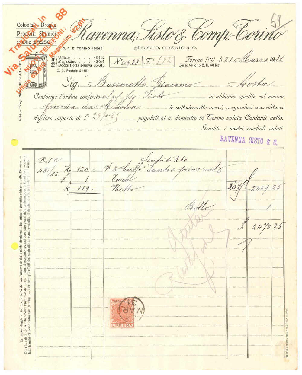 Documento originale, autentico 1931 TORINO C.so Vittorio Emanuele II 44  RAVENNA SISTO & Comp.  Fattura 3 1