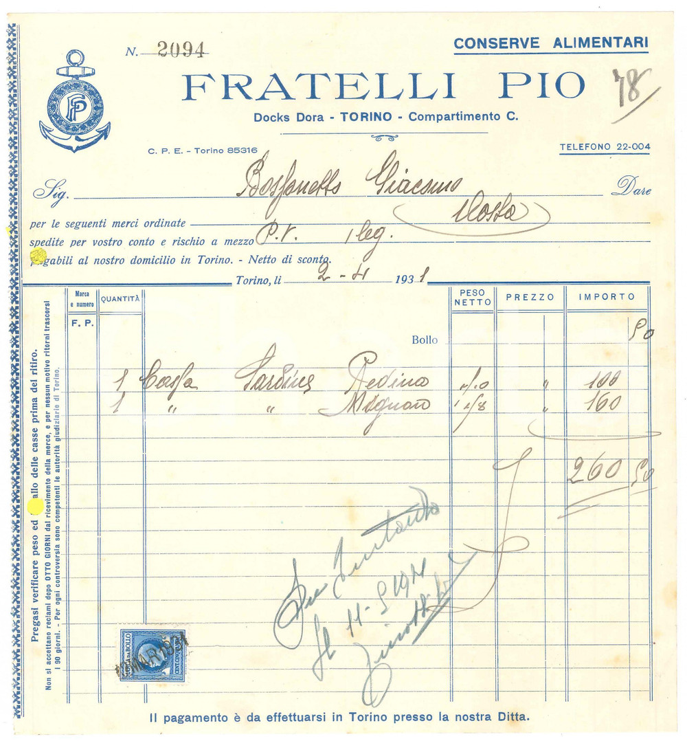 Documento originale, autentico 1931 TORINO Docks Dora  Fratelli PIO Conserve alimentari  Fattura 2 1
