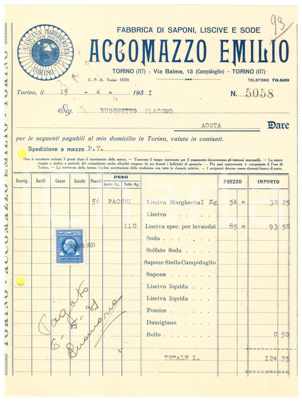 Documento originale, autentico 1931 TORINO Via Balme 13  Emilio ACCOMAZZO Fabbrica di saponi, liscive Fattura 1