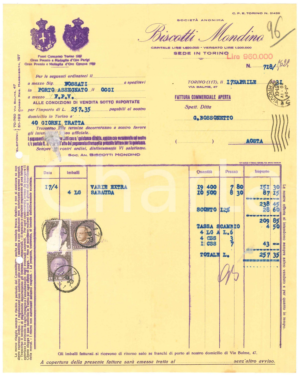 Documento originale, autentico 1931 TORINO Via Balme 47  Soc. An. Biscotti MONDINO  Fattura commerciale 1 1