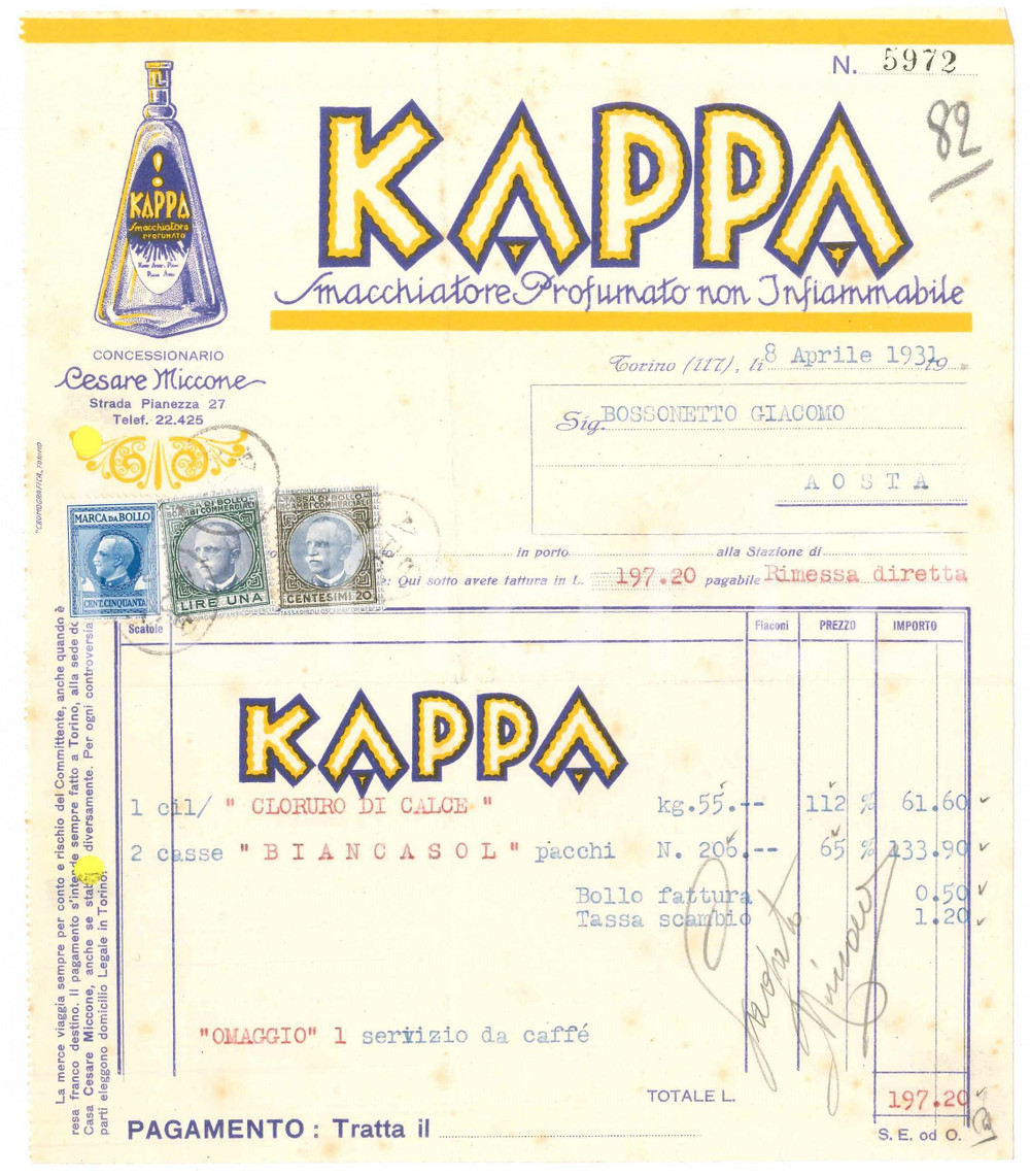 Documento originale, autentico 1931 TORINO Strada Pianezza 27  Cesare MICCONE Smacchatore profumato  KAPPA 1