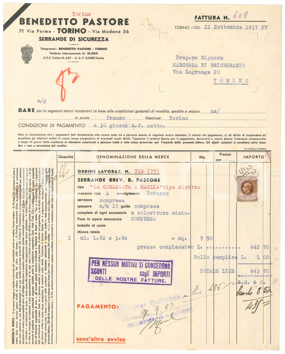 Documento originale, autentico 1937 TORINO Via Parma/Via Modena Benedetto PASTORE Serrande di sicurezza Fattura 1