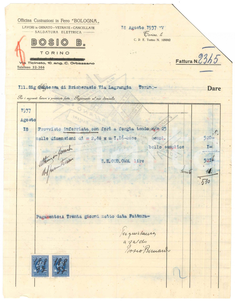 Documento originale, autentico 1937 TORINO Via Ticineto  BOSIO B. Costruzioni in Ferro Bologna  Fattura 1 1