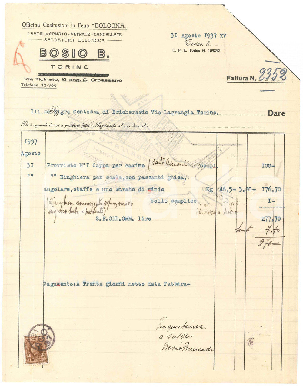 Documento originale, autentico 1937 TORINO Via Ticineto  BOSIO B. Costruzioni in Ferro Bologna  Fattura 2 1