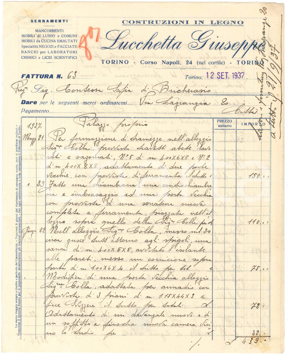Documento originale, autentico 1937 TORINO Corso Napoli 24  Giuseppe LUCCHETTA Costruzioni in legno  Fattura 1
