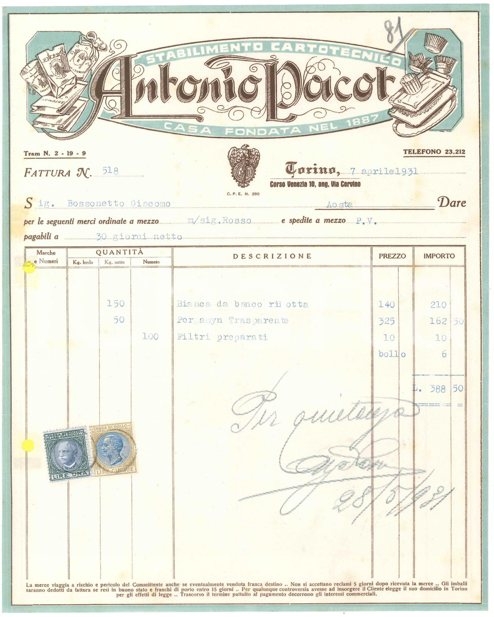 Documento originale, autentico 1931 TORINO C.so Venezia 10 Antonio PACOT Stabilimento cartotecnico Fattura 1 1