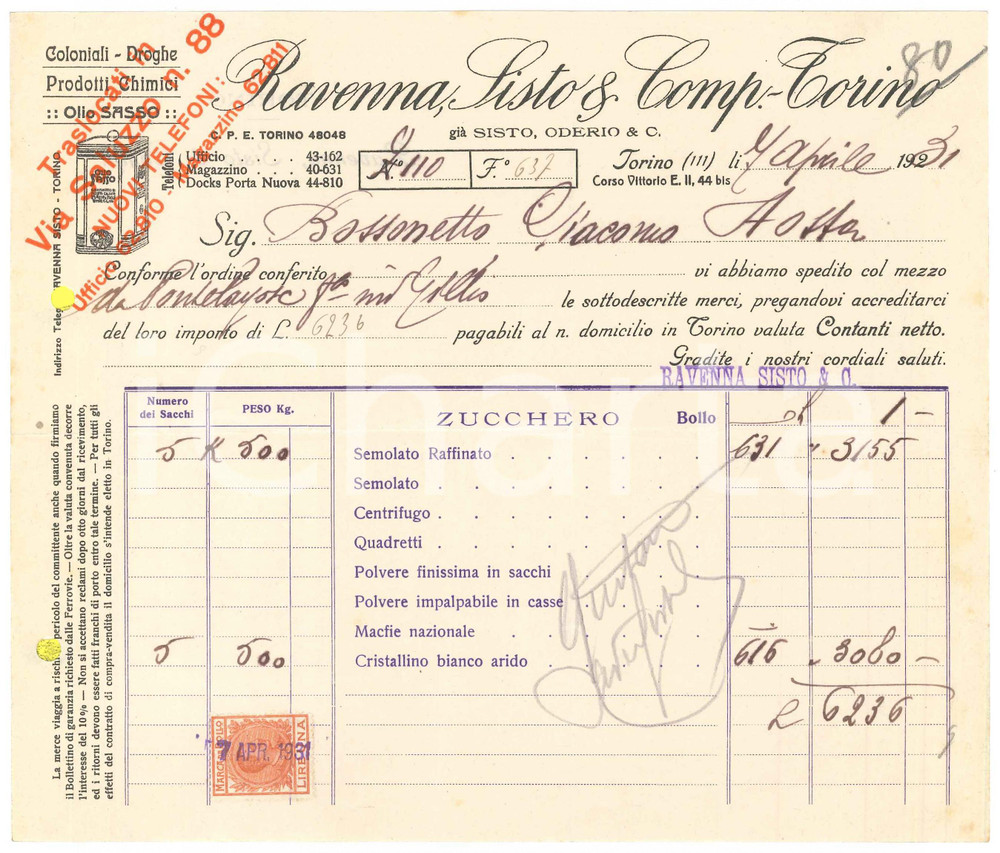 Documento originale, autentico 1931 TORINO C.so Vittorio Emanuele II 44  RAVENNA SISTO & Comp.  Zucchero 1