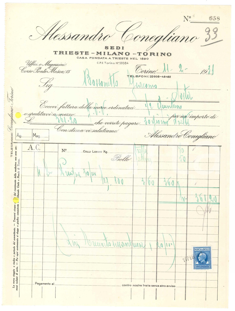 Documento originale, autentico 1931 TORINO Corso Ponte Mosca 15 Alessandro CONEGLIANO  Fattura per prugne 2 1