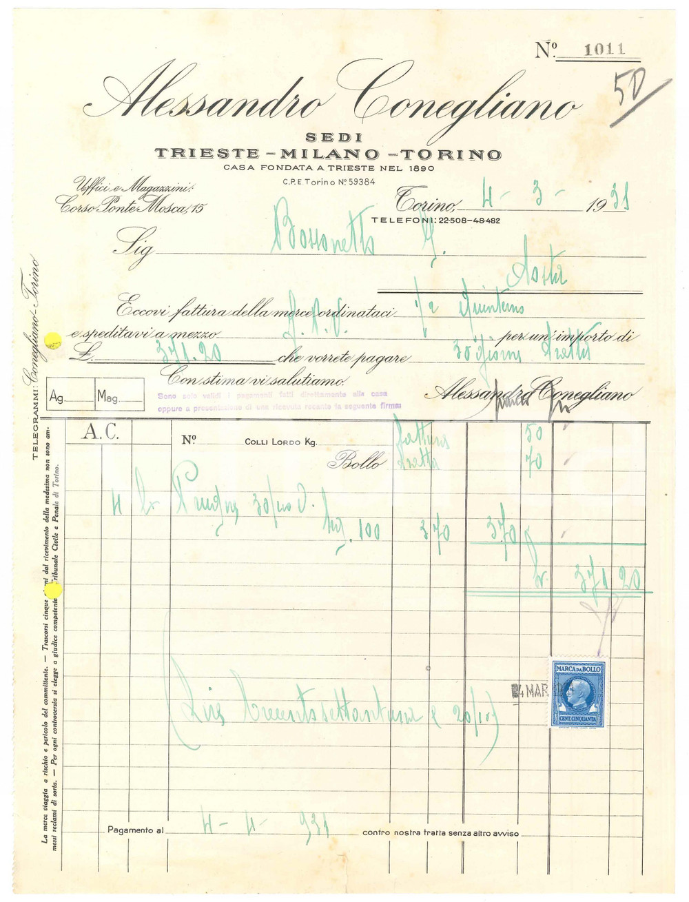 Documento originale, autentico 1931 TORINO Corso Ponte Mosca 15 Alessandro CONEGLIANO  Fattura per prugne 3 1
