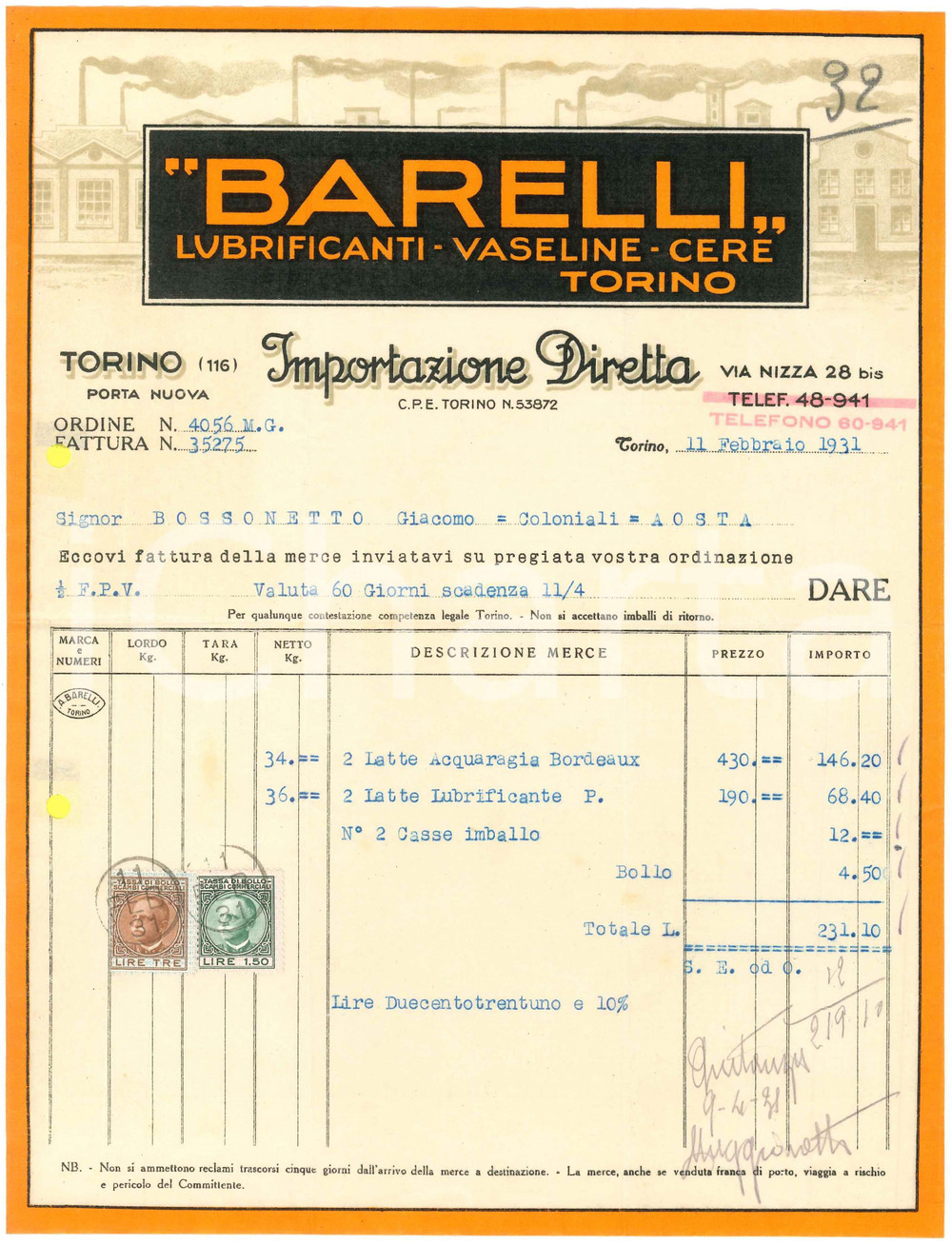 Documento originale, autentico 1931 TORINO Via Nizza 28 bis  BARELLI Lubrificanti Vaseline Cere  Fattura 1 1
