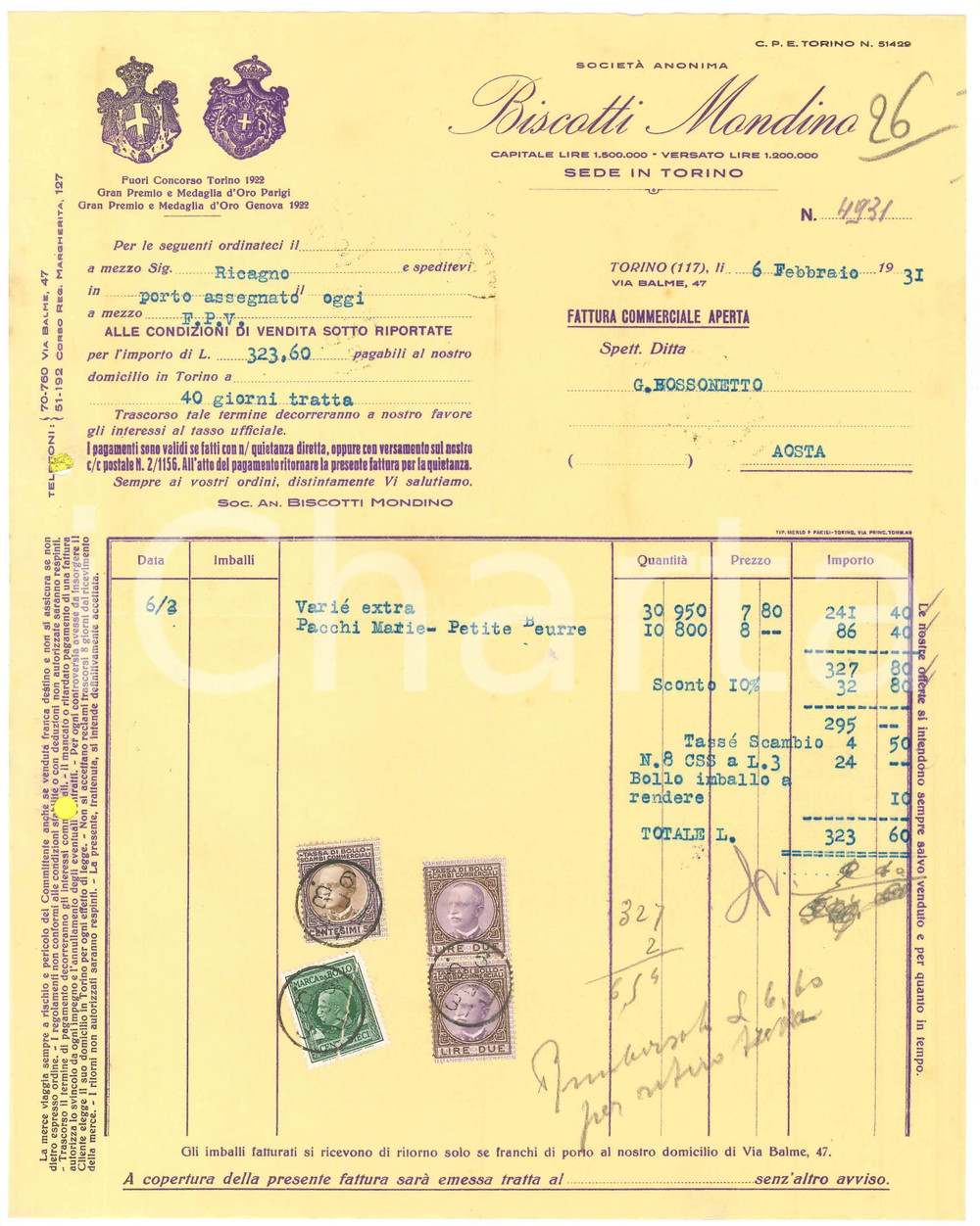 Documento originale, autentico 1931 TORINO Via Balme 47  Soc. An. Biscotti MONDINO  Fattura commerciale 2 1