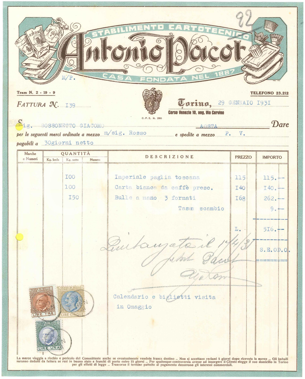 Documento originale, autentico 1931 TORINO C.so Venezia 10 Antonio PACOT Stabilimento cartotecnico Fattura 2 1
