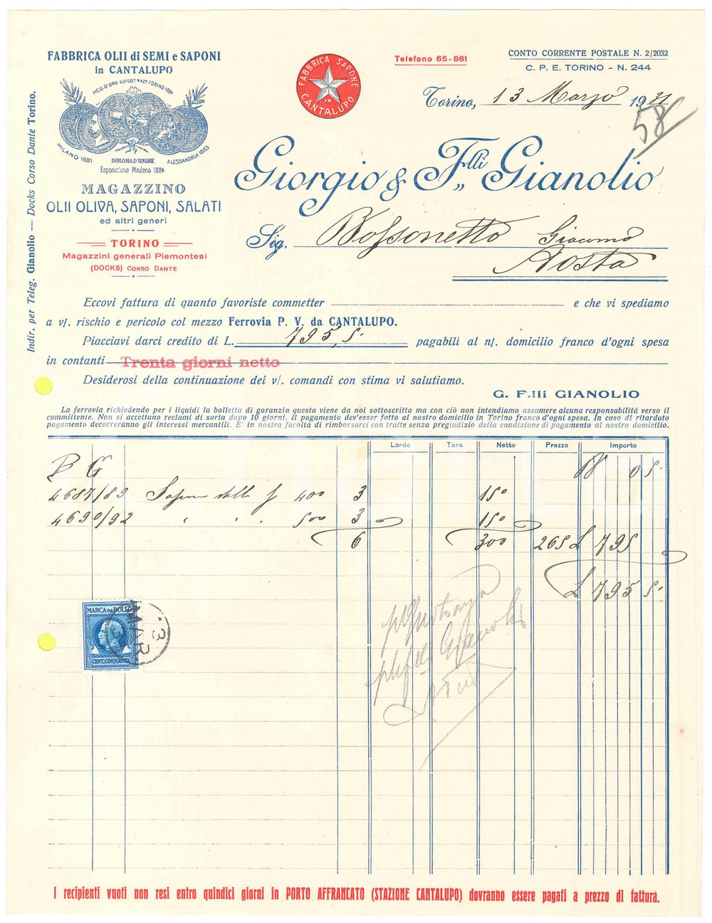 1931 TORINO Corso Dante - Giorgio & Fratelli GIANOLIO Olii e saponi *Fattura (2)