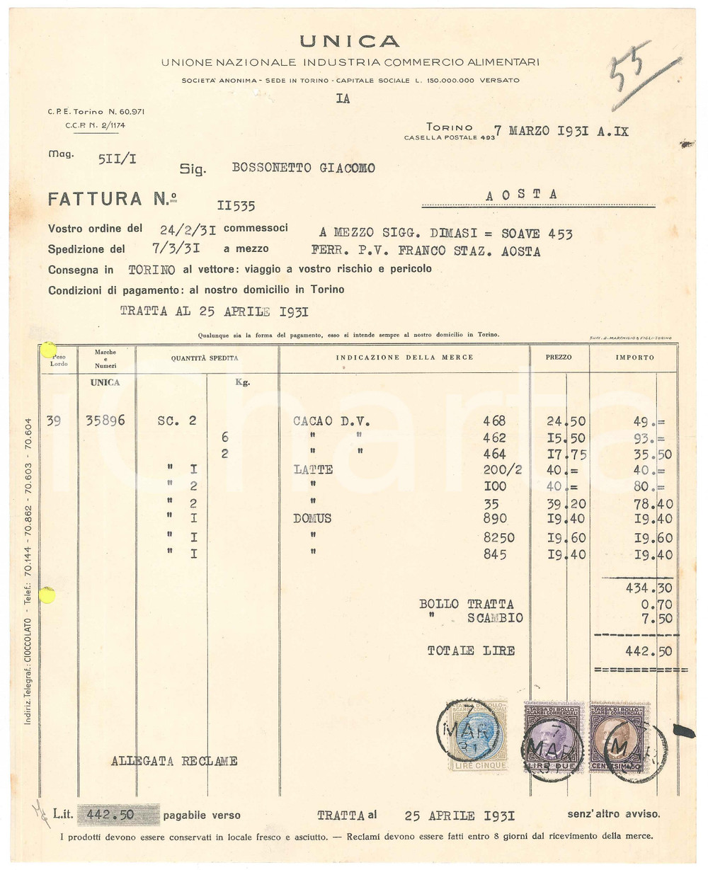 Documento originale, autentico 1931 TORINO  UNICA Società  Nazionale Industria Commercio Alimentari  Fattura 1