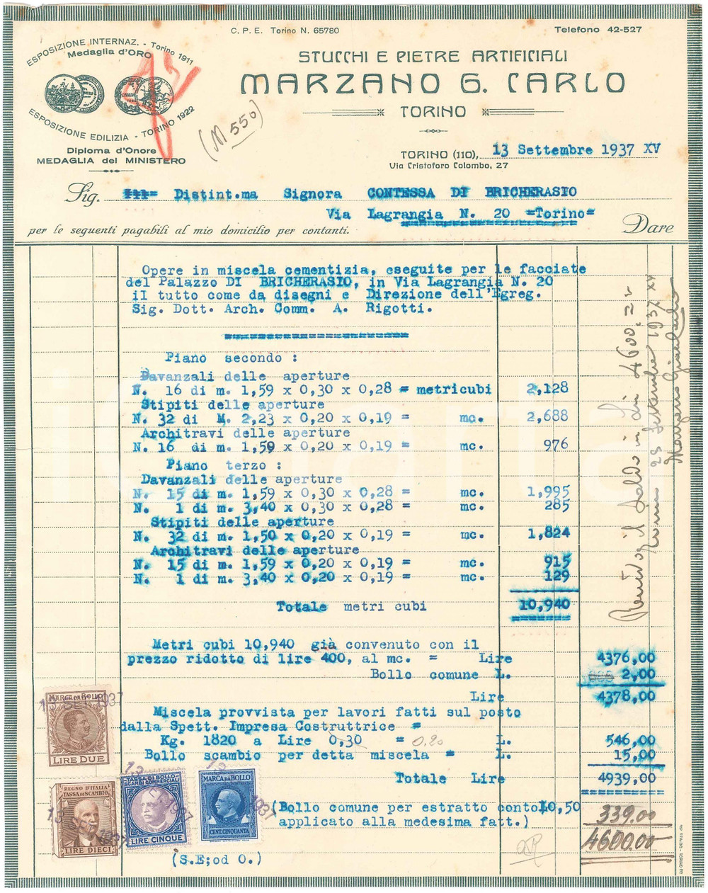 Documento originale, autentico 1937 TORINO Via Cristoforo Colombo 27  G. CARLO MARZANO Stucchi Pietre Fattura 1