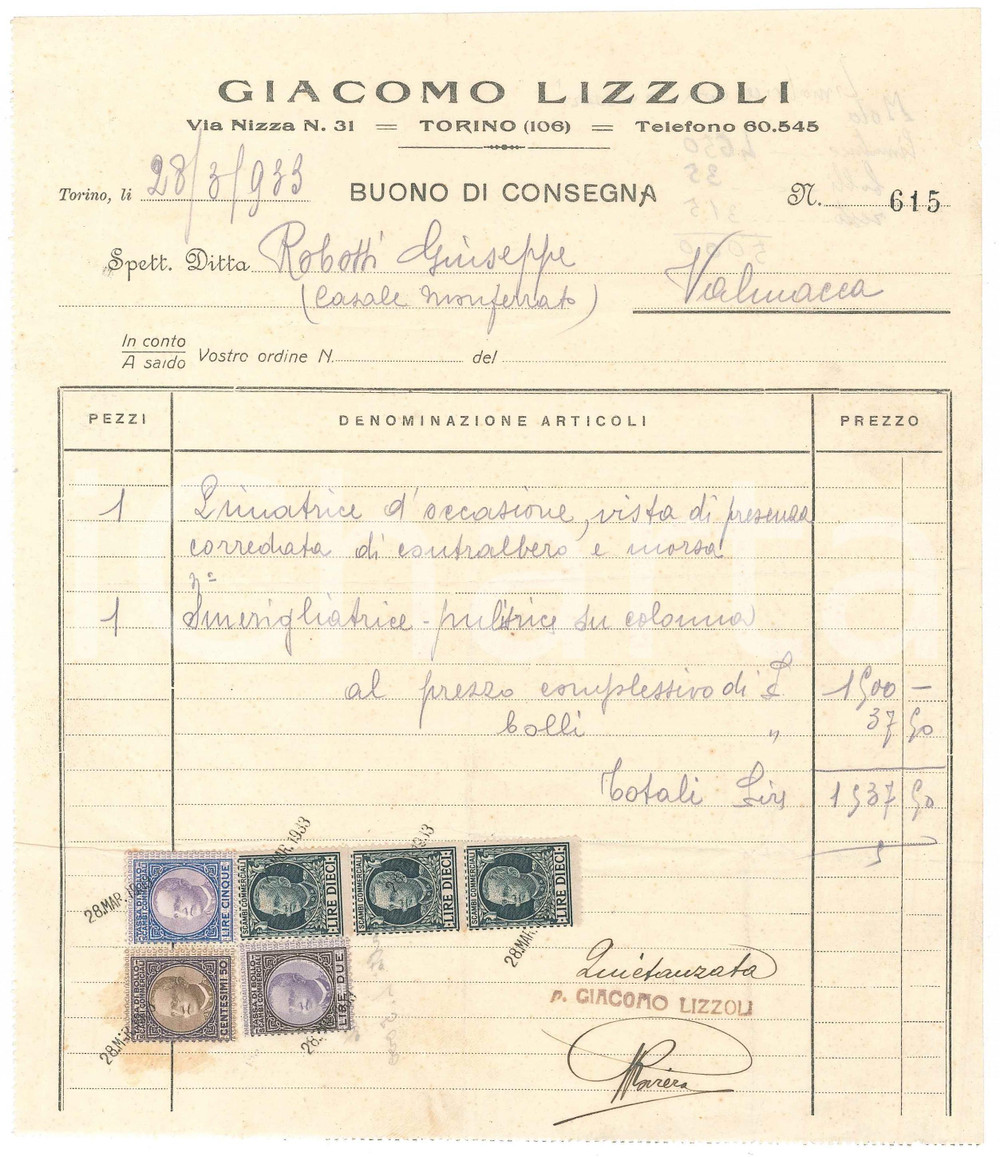 1933 TORINO Via Nizza 31 Giacomo LIZZOLI Macchinari d'occasione *Buono consegna Buono di consegna d'epoca manoscritto, su carta intestata.Presenti marche da bollo.PAGINE: 1 FAIR/discreto piegature d'epoca e gualciture Formato: 20x24 cm originale e autentica 1