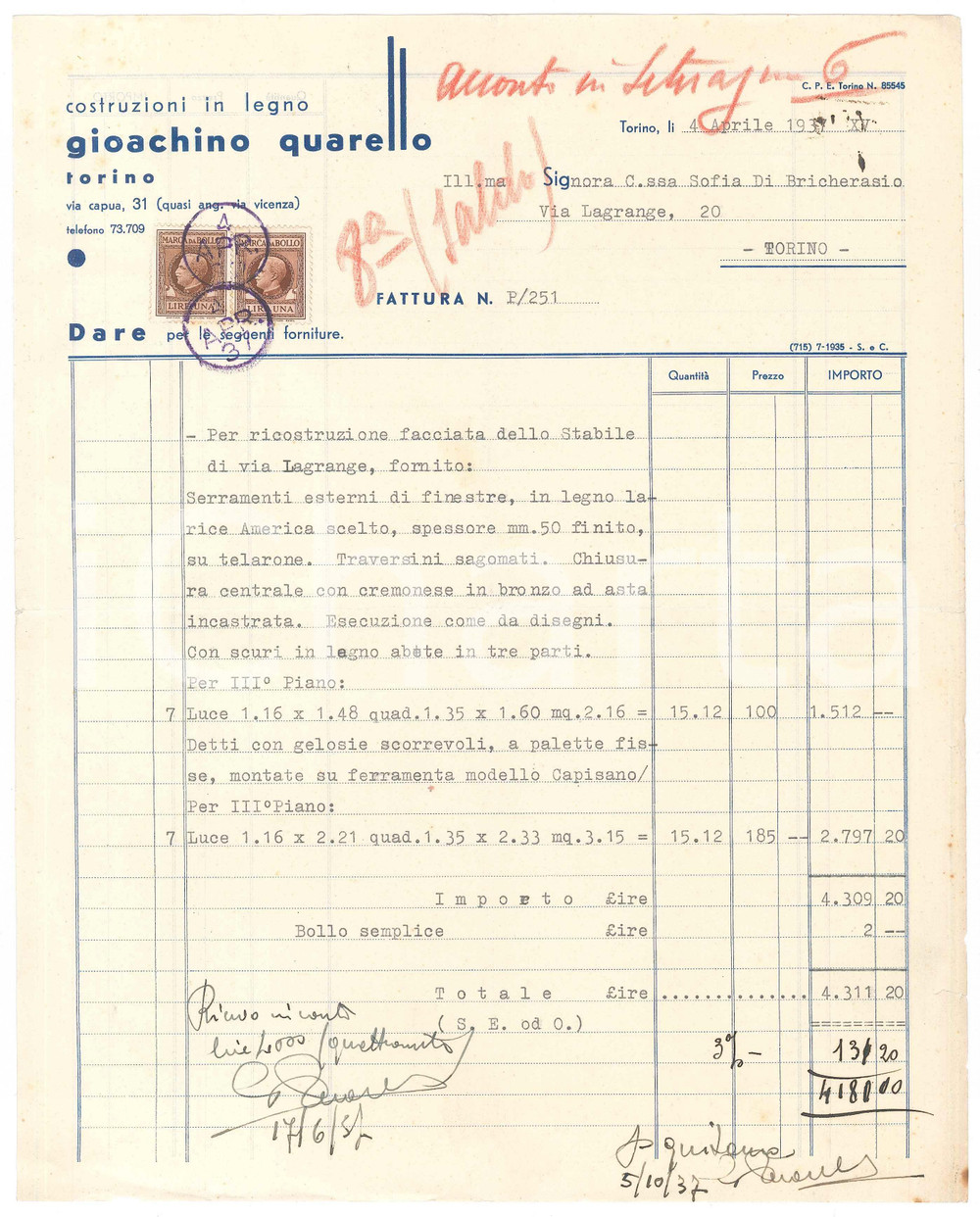 1937 TORINO Via Capua 31 - Gioachino QUARELLO Costruzioni in legno - Fattura Fattura commerciale d'epoca dattiloscritta, su carta intestata.Presenti marche da bollo.PAGINE: 1 POOR/danneggiato piegature d'epoca; minime mancanze al lato inferiore; piccoli strappi marginali e fioriture Formato: 23x29 cm originale e autentica 1