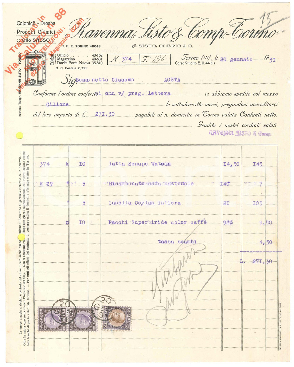 1931 TORINO C.so Vittorio Emanuele II 44 - RAVENNA SISTO & Comp. - Fattura (8) Fattura commerciale d'epoca dattiloscritta, su carta intestata. Sull'intestazione &egrave; apposto il timbro "Traslocati in Via Saluzzo n. 88".Presenti marche da bollo.PAGINE: 1  POOR/danneggiato piegature d'epoca; fori da classificatore; piccoli fori da spillatura; strappi marginali Formato: 23x28 cm originale e autentica 1