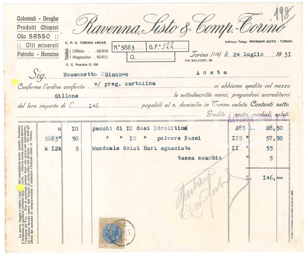 1931 TORINO Via Saluzzo 88 - RAVENNA SISTO & Comp. Coloniali Droghe *Fattura (1)