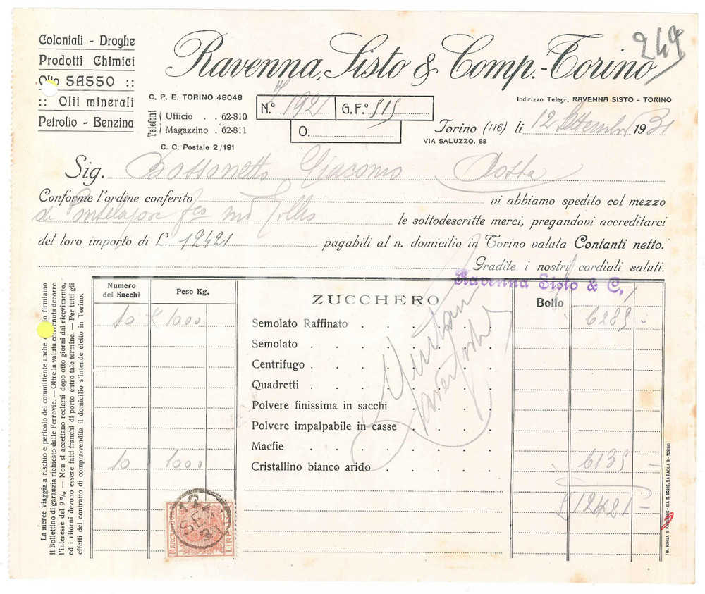 1931 TORINO Via Saluzzo 88 - RAVENNA SISTO & Comp. Coloniali Droghe *Fattura (2)