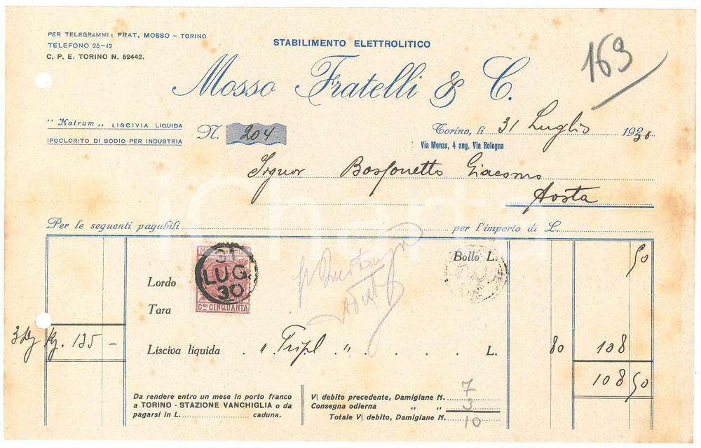 1930 TORINO Via Monza 4 MOSSO Fratelli & C. Stabilimento elettrolitico - Fattura