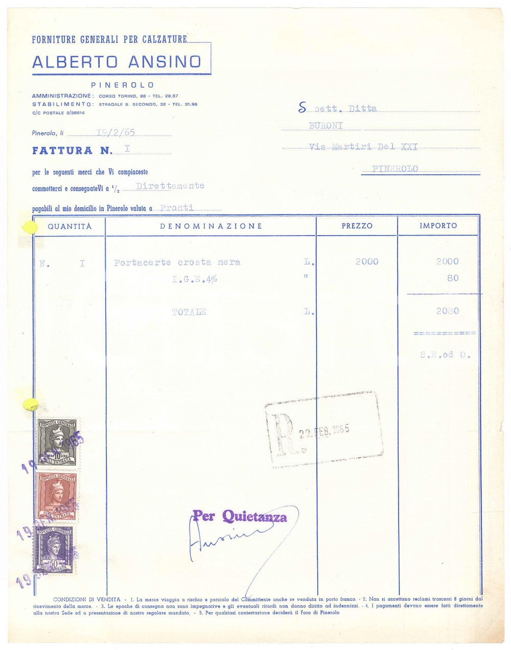 1965 PINEROLO (TO) - Alberto ANSINO Forniture generali per calzature - Fattura
