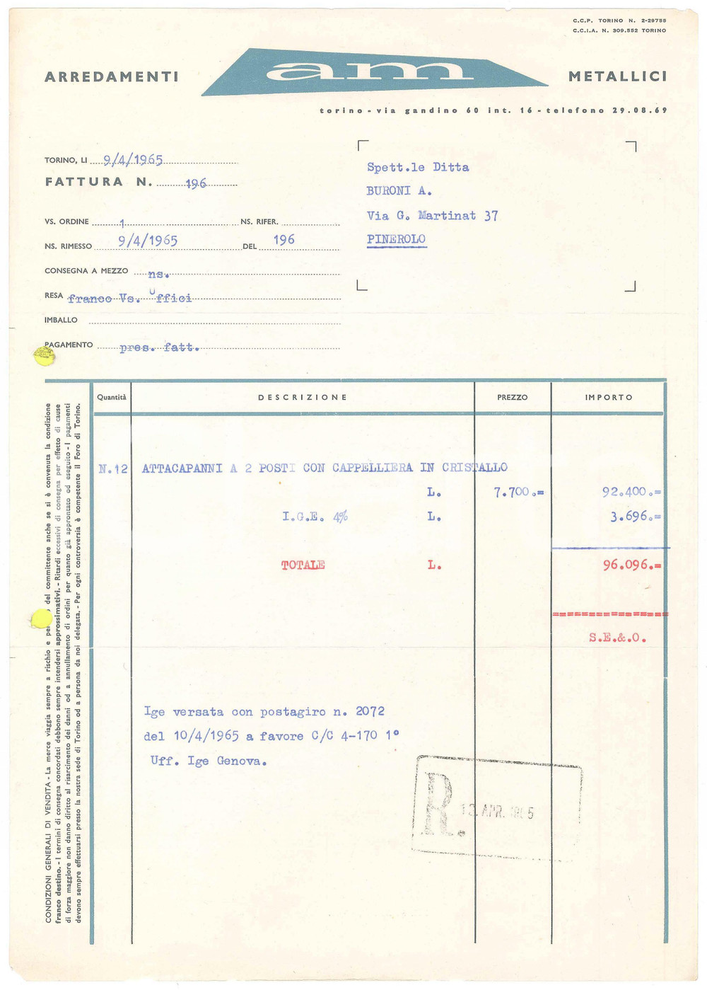 1965 TORINO Via Gandino 60 - AM Arredamenti metallici - Fattura per attaccapanni