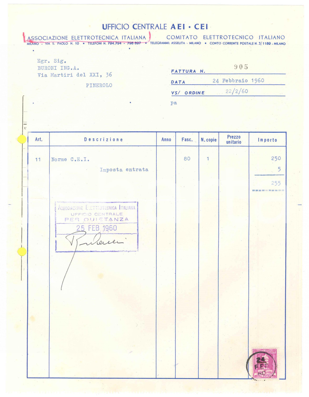 1960 MILANO Via S. Paolo 10 - AEI Associazione Elettrotecnica Italiana - Fattura