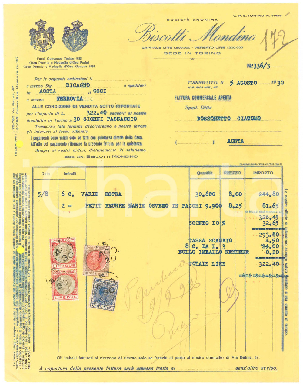 1930 TORINO Via Balme 47 - Soc. An. Biscotti MONDINO - Fattura commerciale (2)
