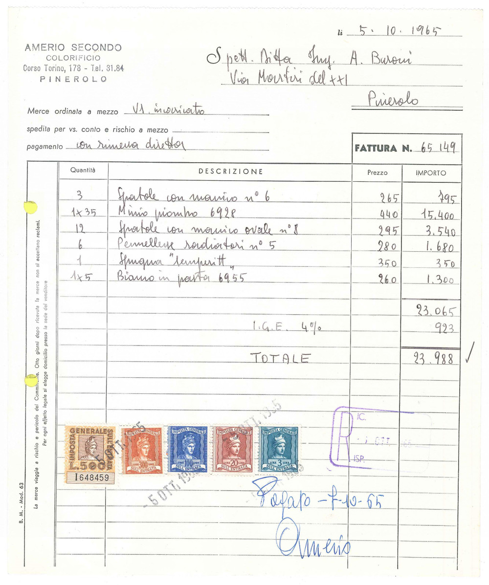 1965 PINEROLO (TO) - Secondo AMERIO Colorificio - Fattura commerciale