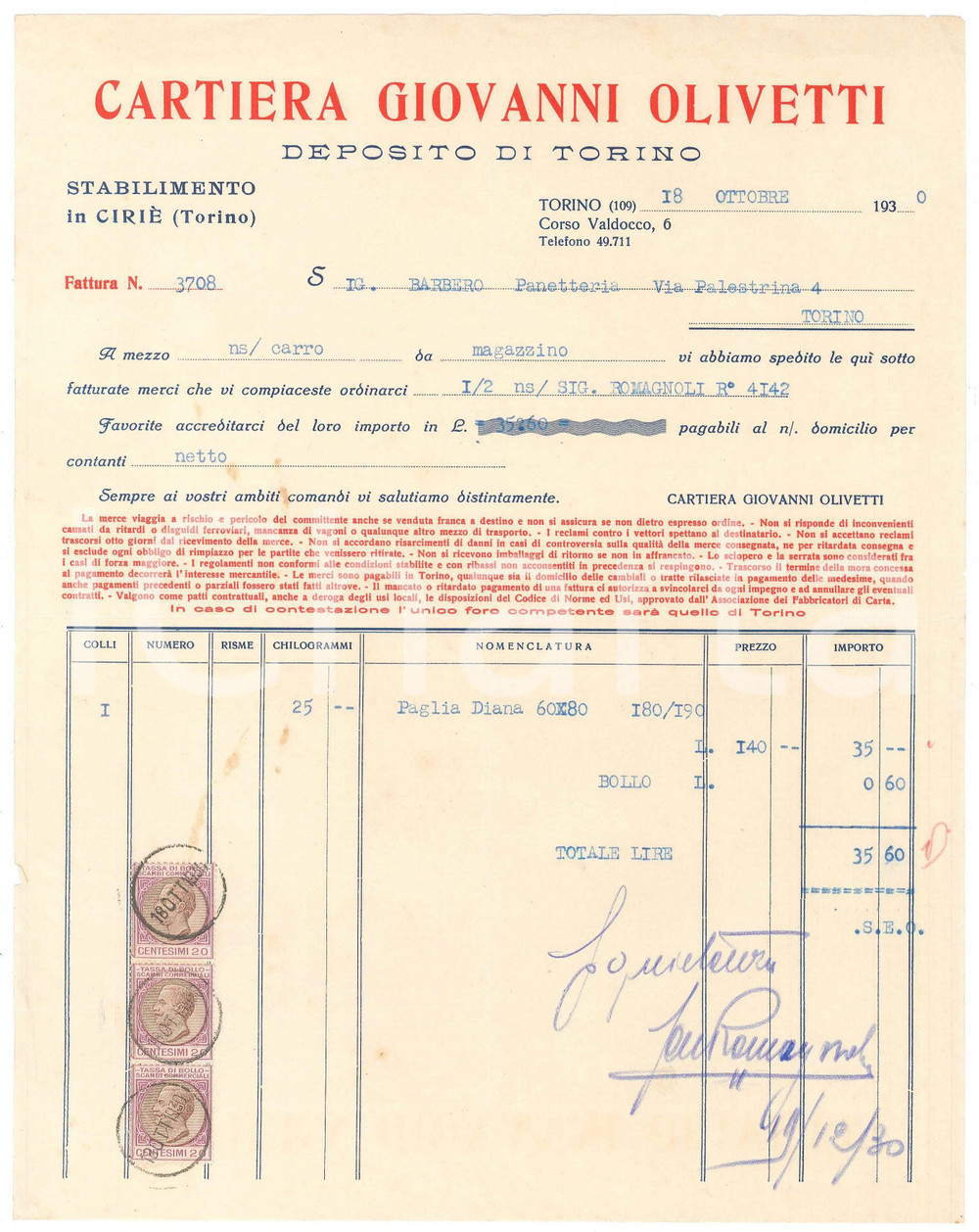 1930 TORINO Corso Valdocco 6 - Cartiera Giovanni OLIVETTI - Fattura (2)