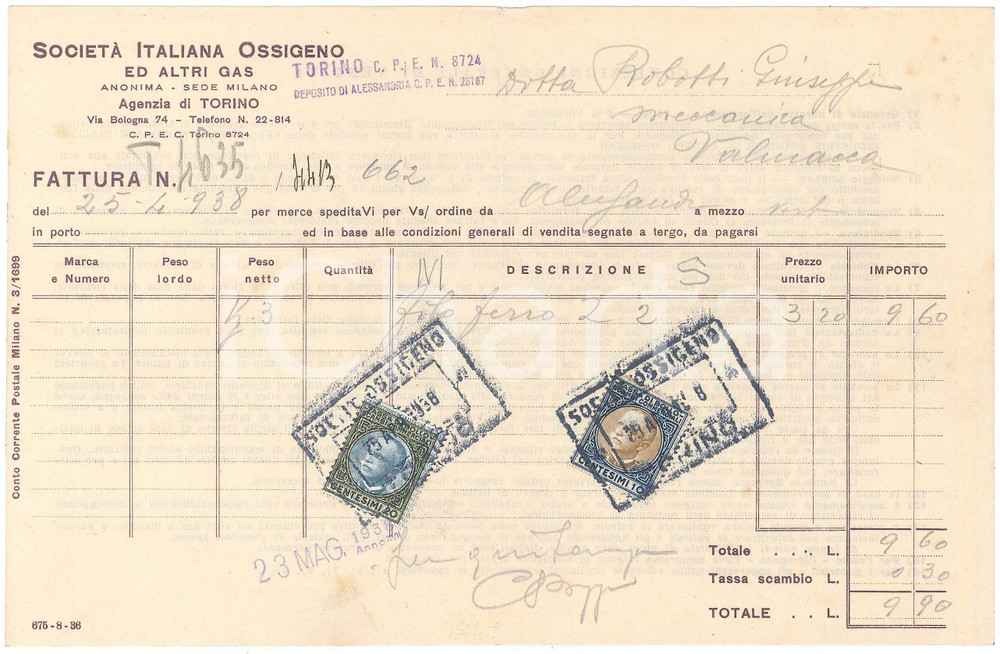 1938 MILANO - Società Italiana Ossigeno ed altri Gas - Fattura commerciale (1)