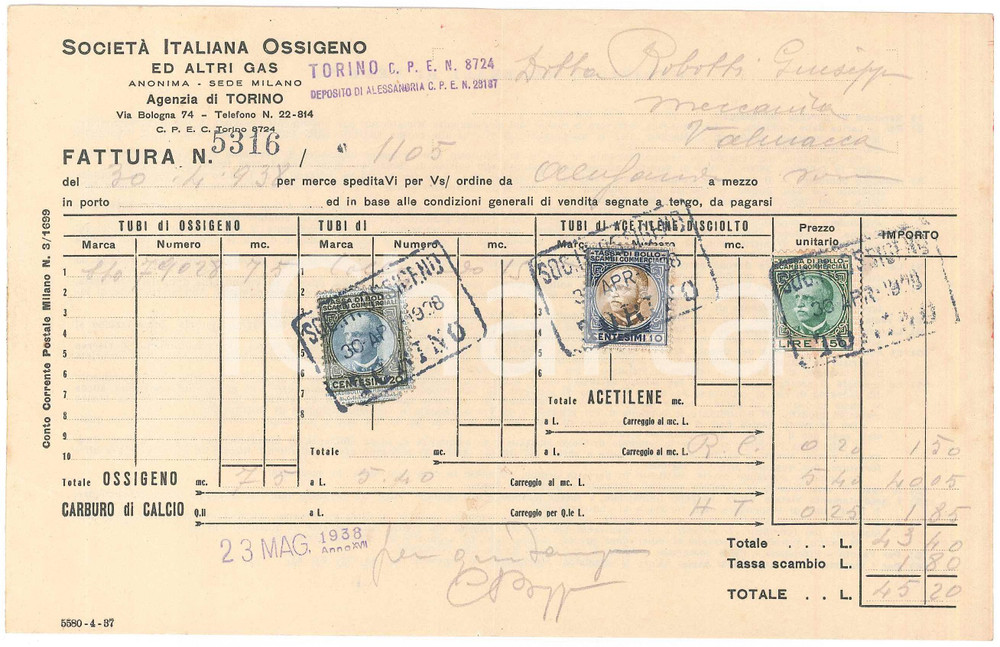 1938 MILANO - Società Italiana Ossigeno ed altri Gas - Fattura commerciale (2)